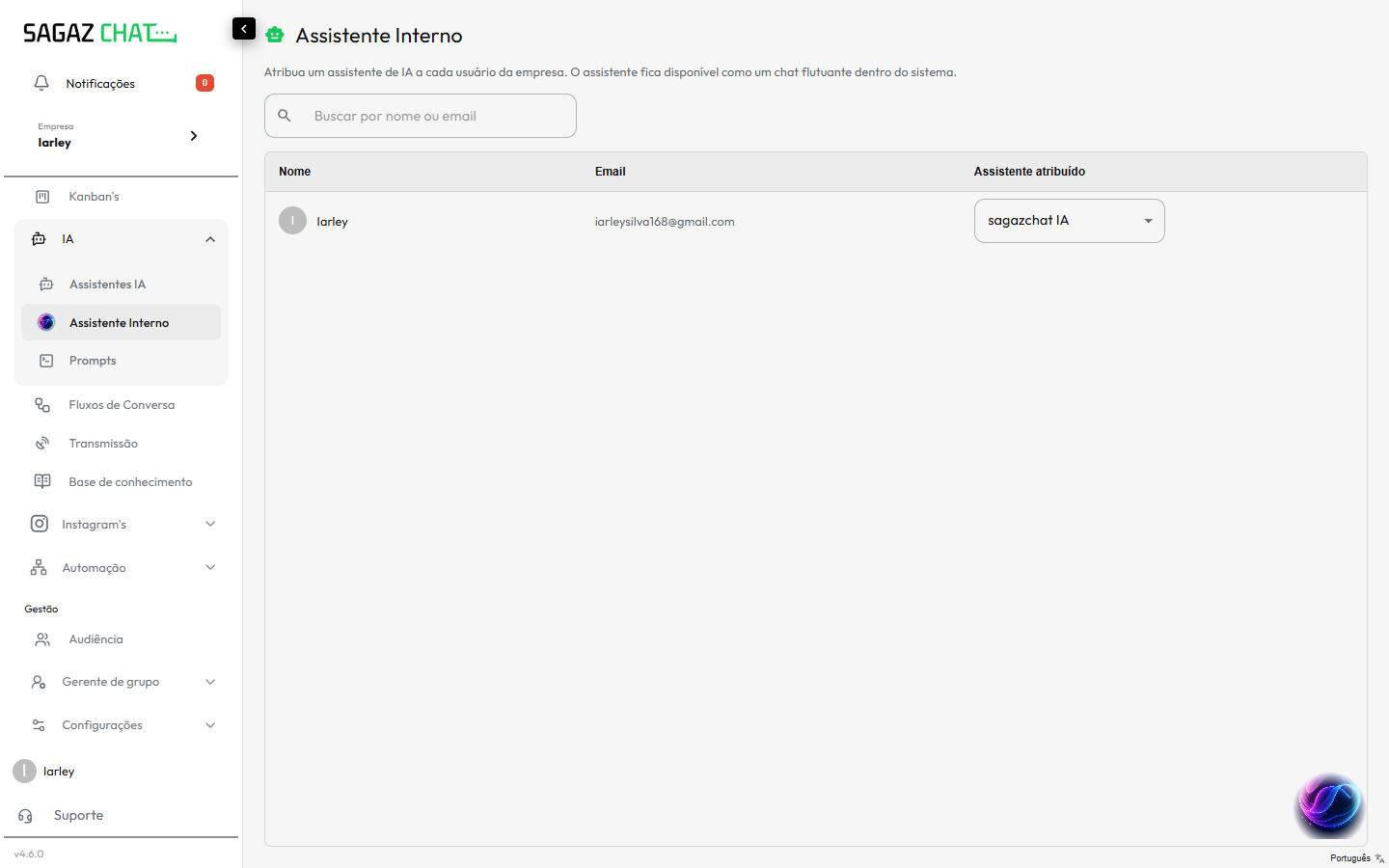 Tela de configuração do Assistente Interno com tabela de usuários e combobox de assistente atribuído