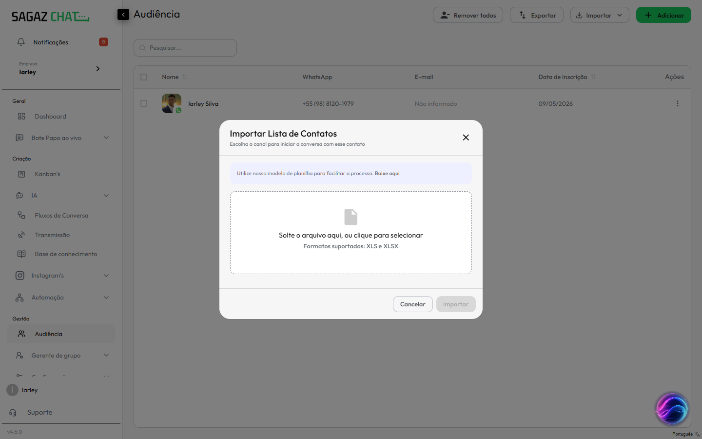 Modal Importar Lista de Contatos com drag-drop e link Baixe aqui