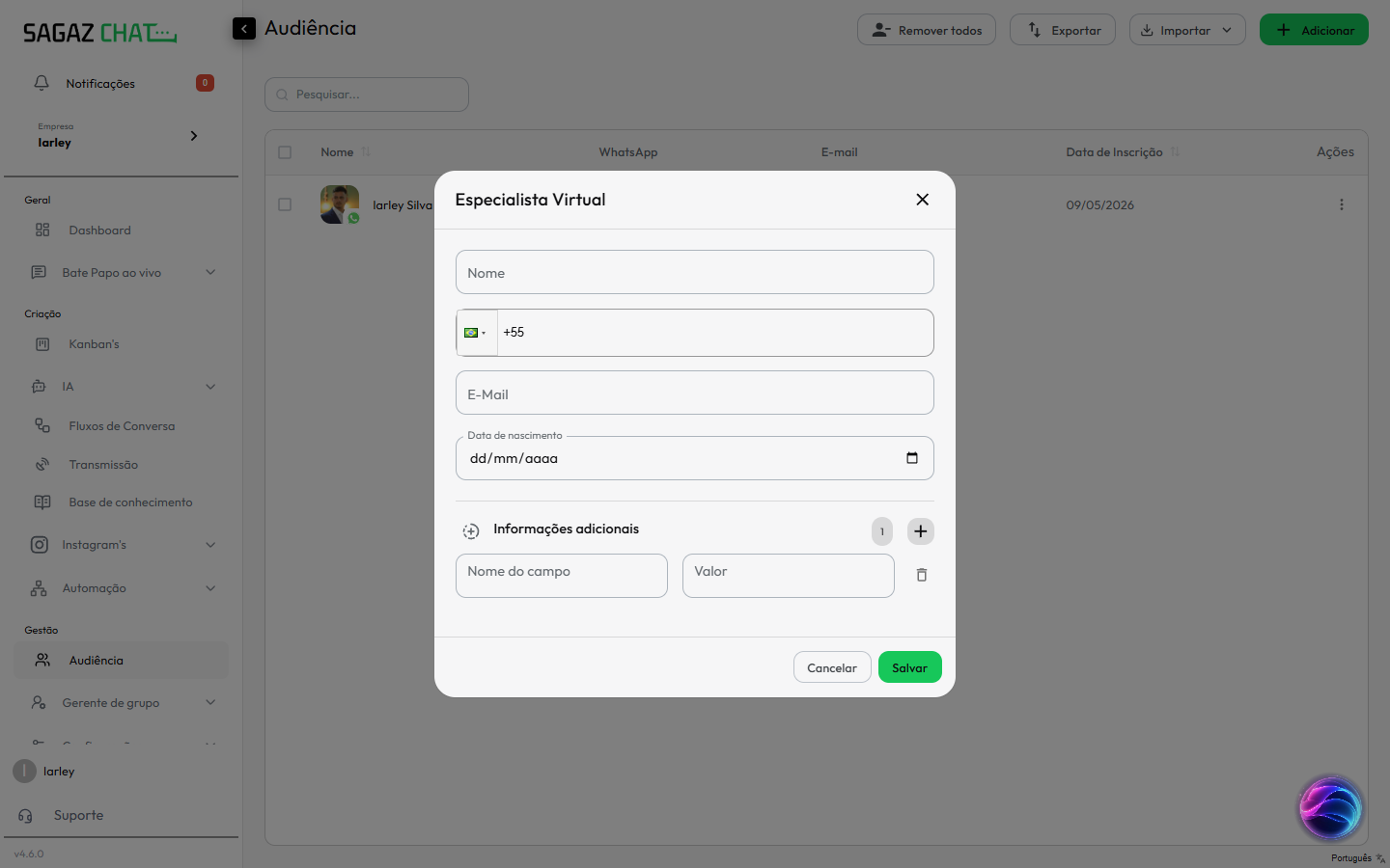 Informações adicionais com par Nome do campo + Valor