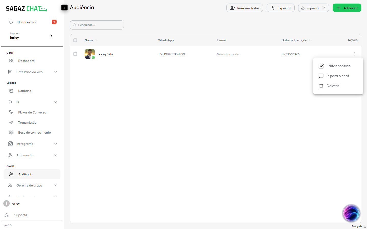 Menu da linha do contato com Editar, Ir para o chat e Deletar