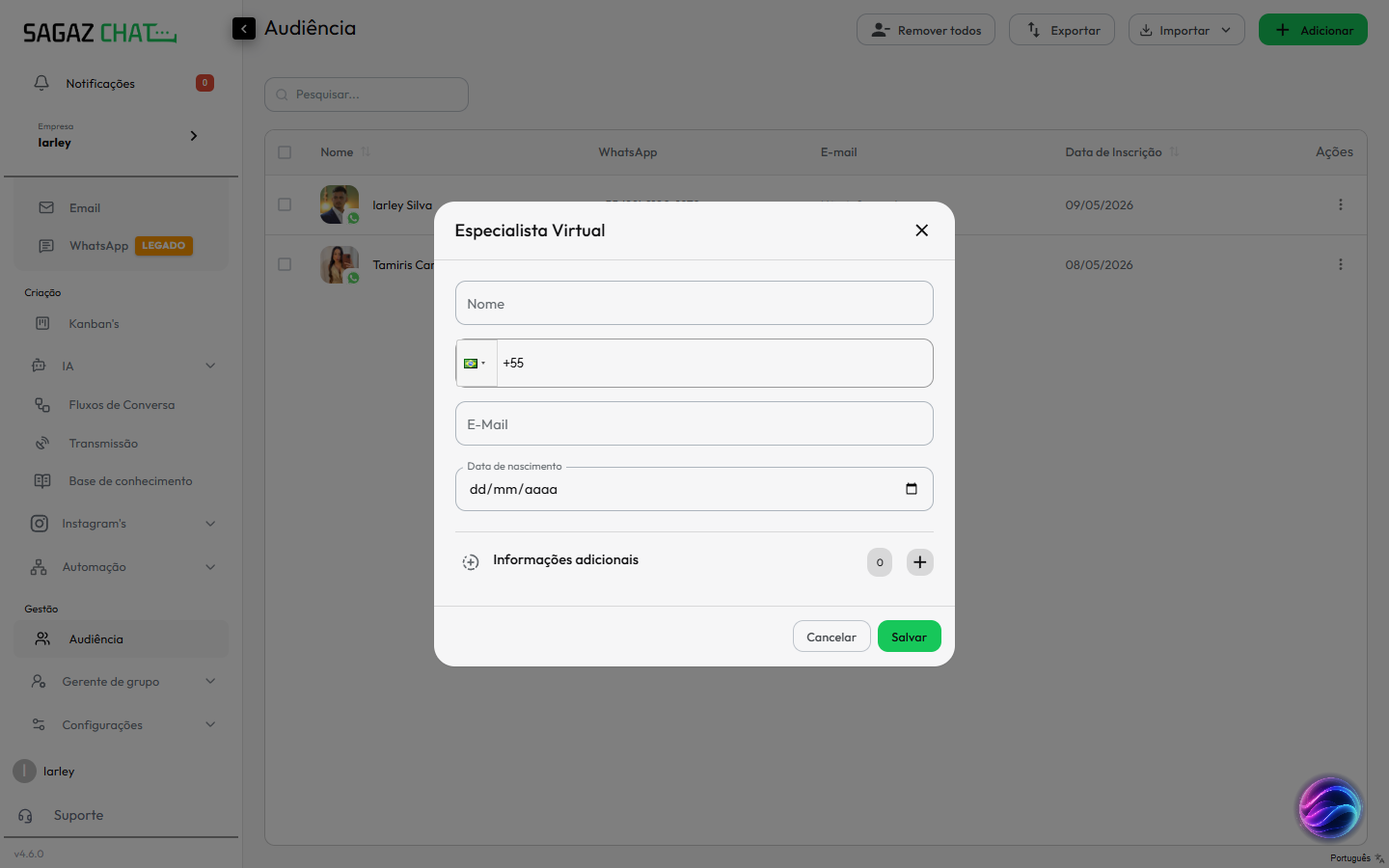 Modal de criação de contato com Nome, Telefone, E-Mail, Data de nascimento e Informações adicionais