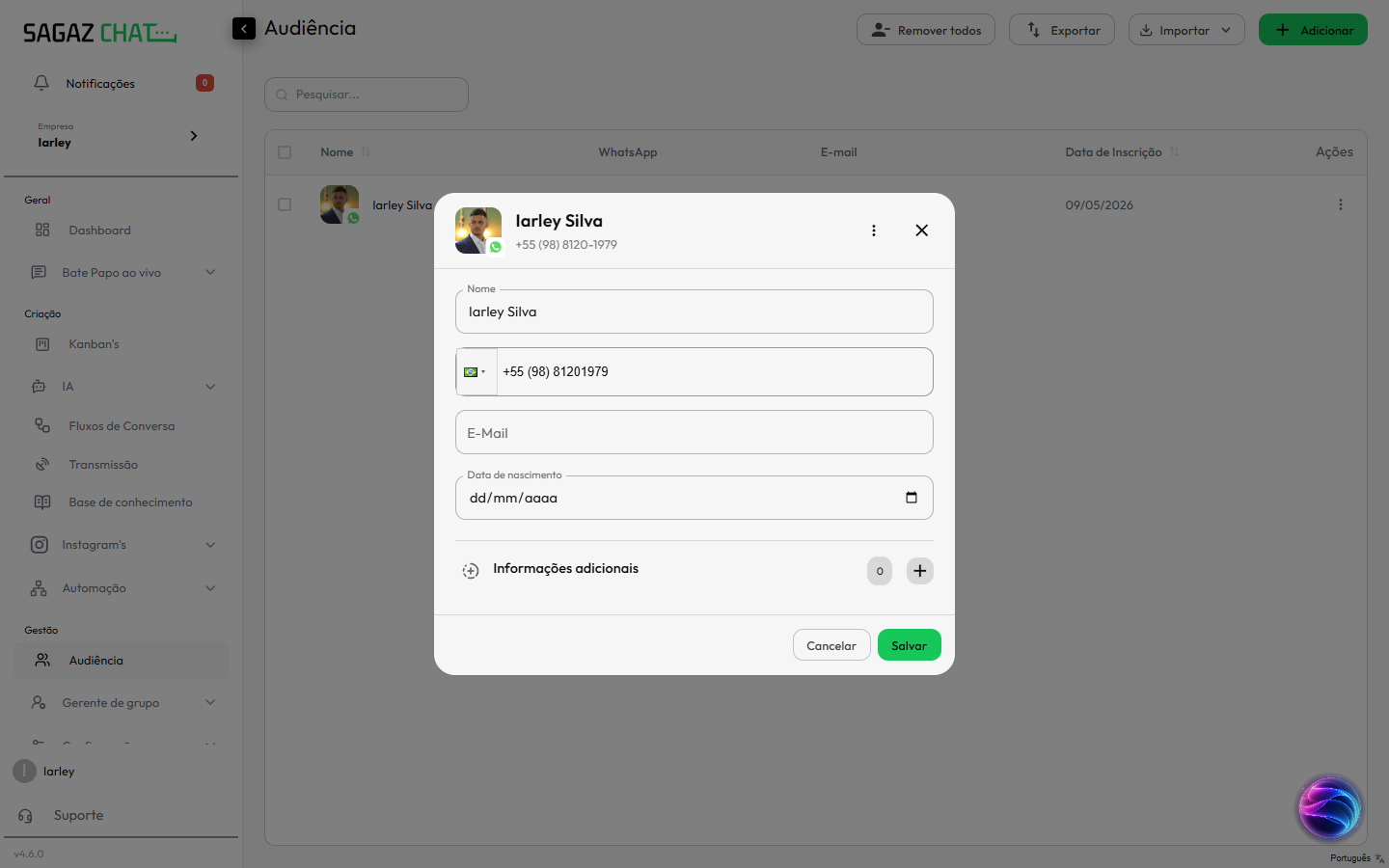 Modal de edição com nome e telefone do contato no cabeçalho