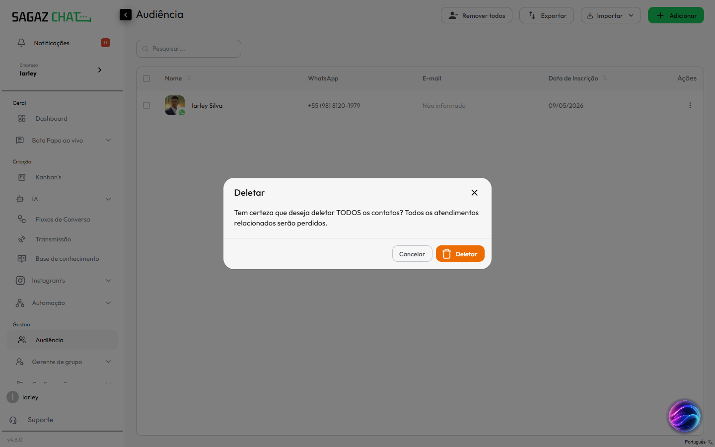 Modal Deletar com aviso de remoção em massa
