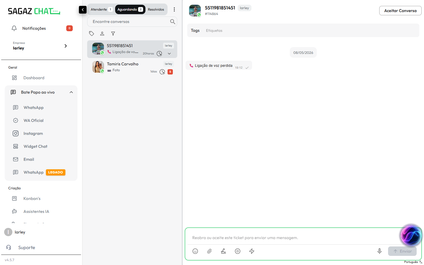 Conversa em Aguardando com botão Aceitar Conversa