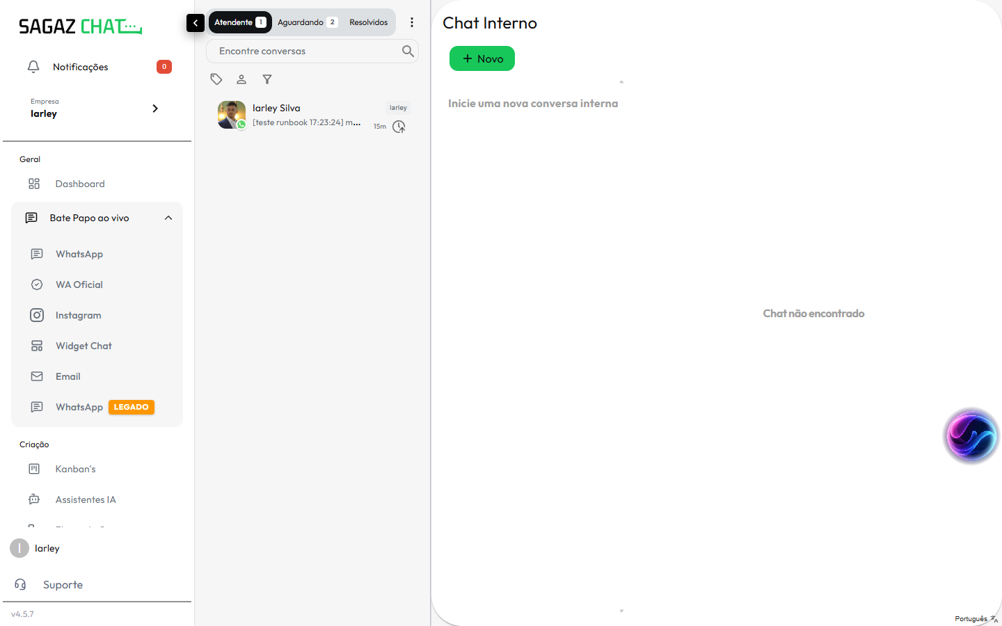 Painel do Chat interno aberto