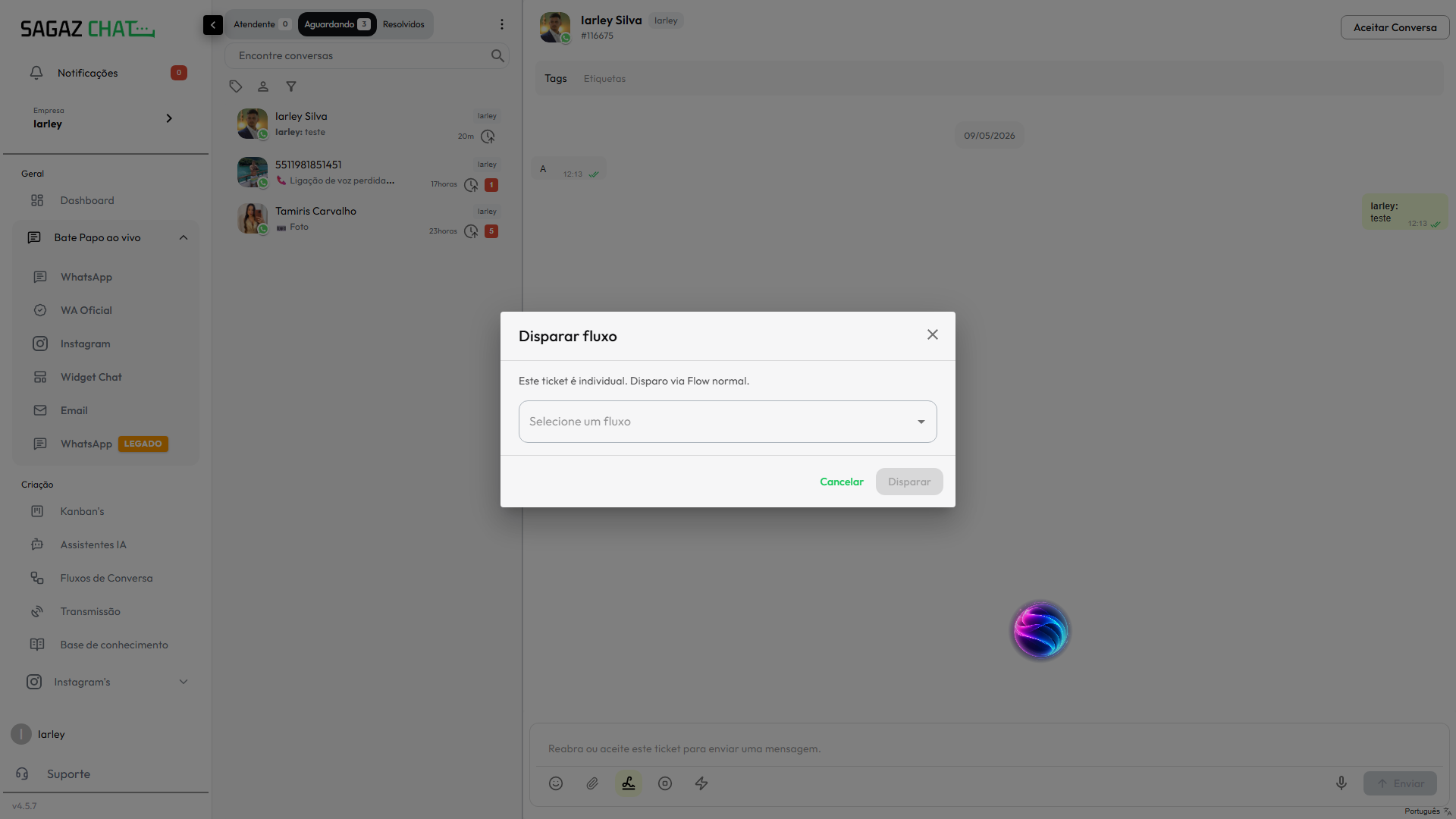Modal para enviar fluxo manual