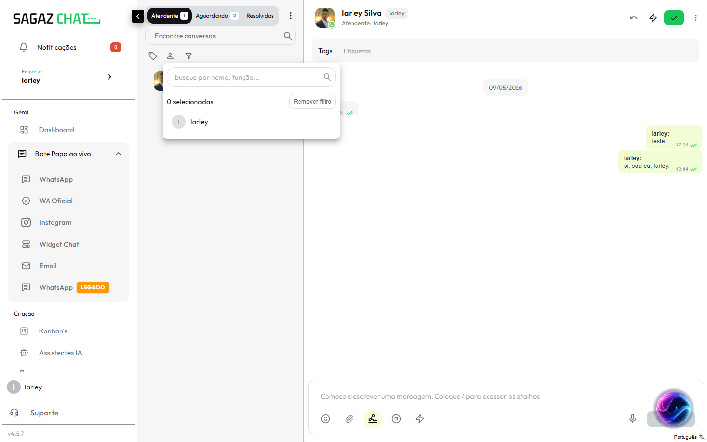Filtro por atendente na lista de conversas