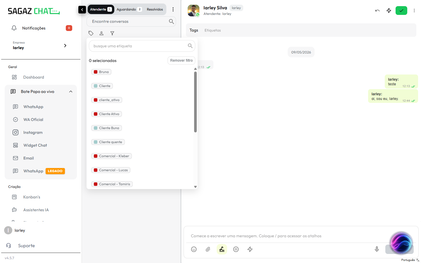Filtro por etiqueta na lista de conversas