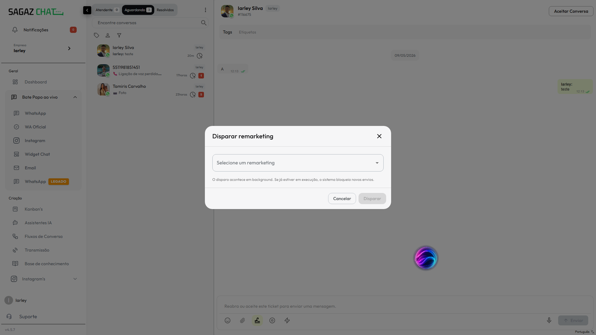 Modal de remarketing no bate-papo