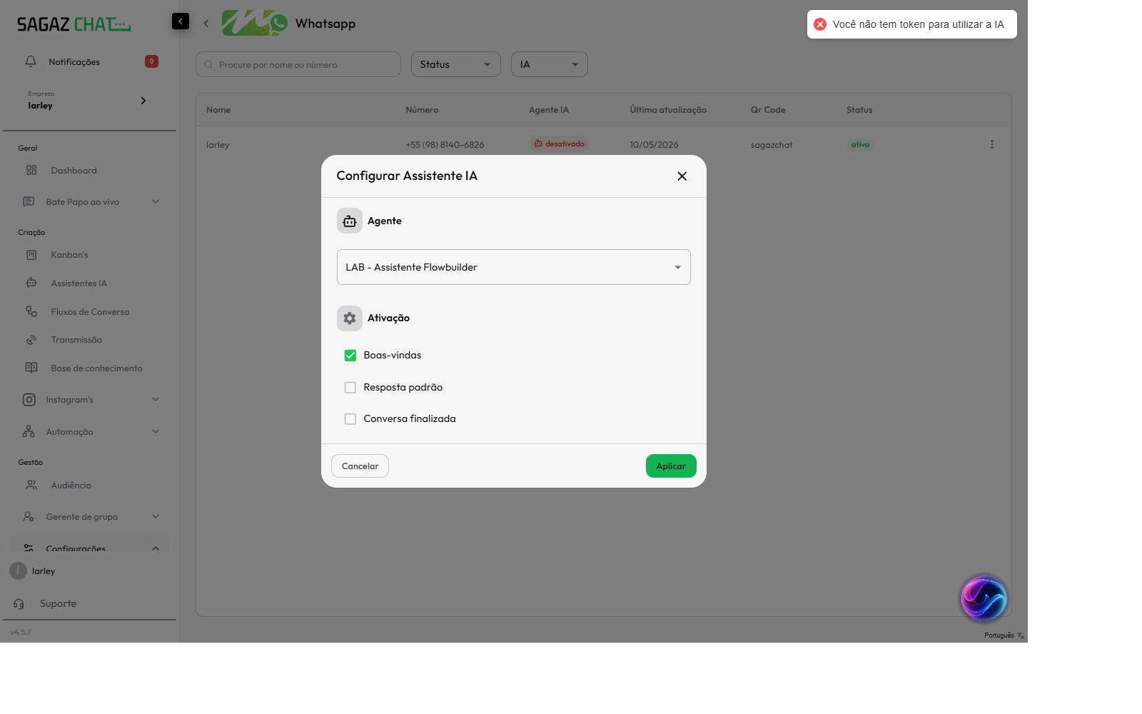 Mensagem de erro: sem tokens para usar IA