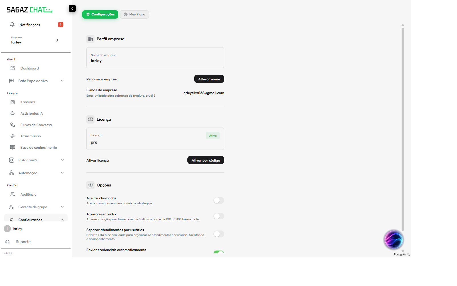 Tela Configurações > Empresa