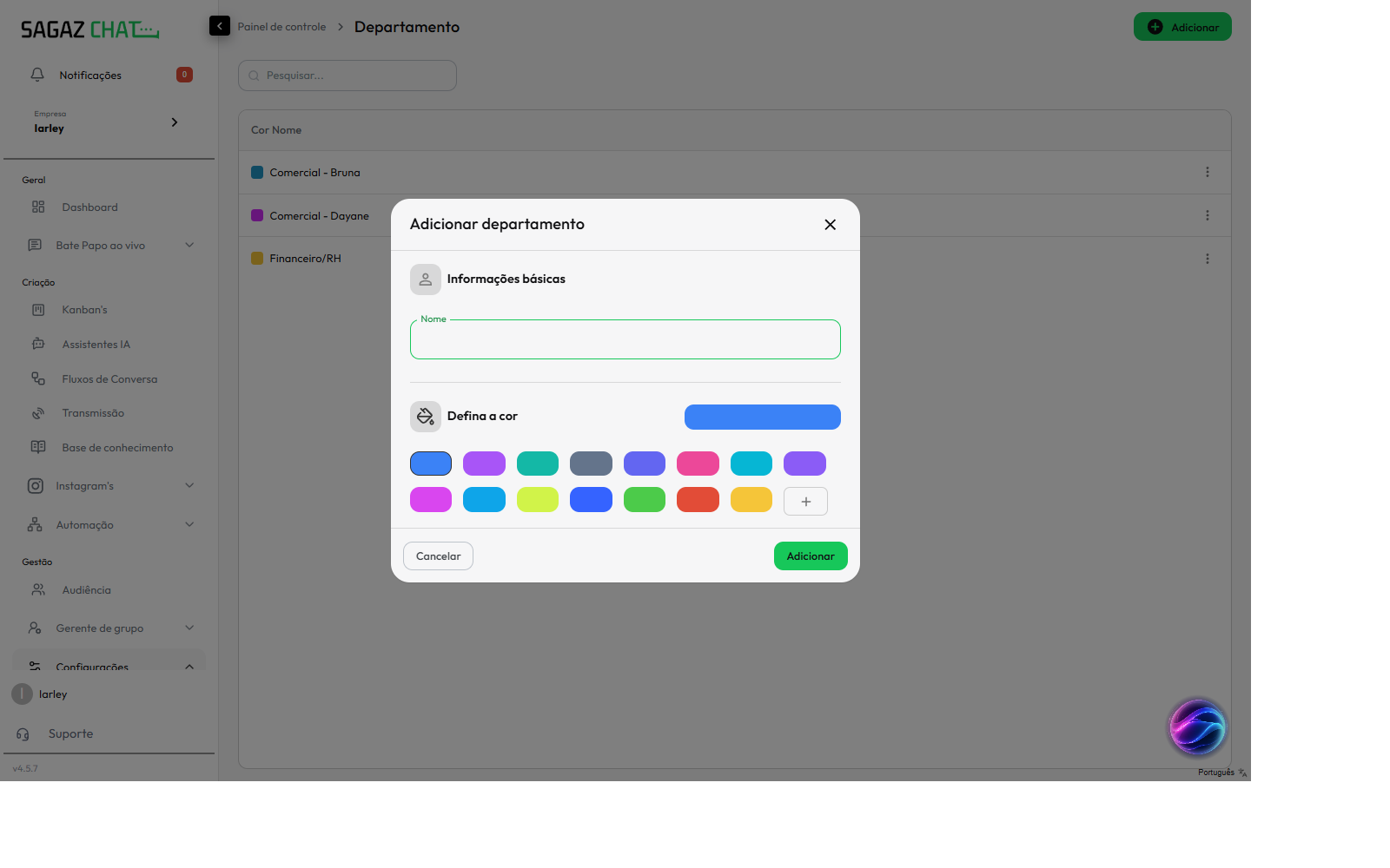 Modal Adicionar departamento vazio