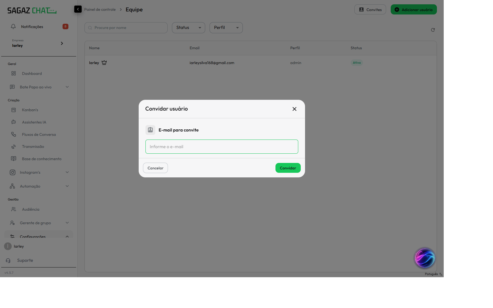 Modal Convidar usuário