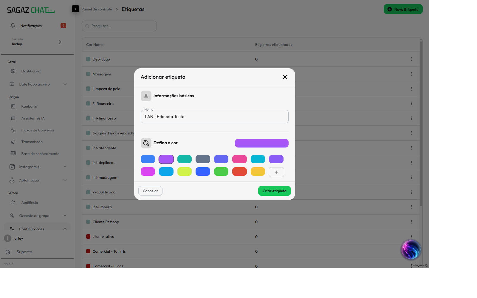 Modal Nova Etiqueta preenchido
