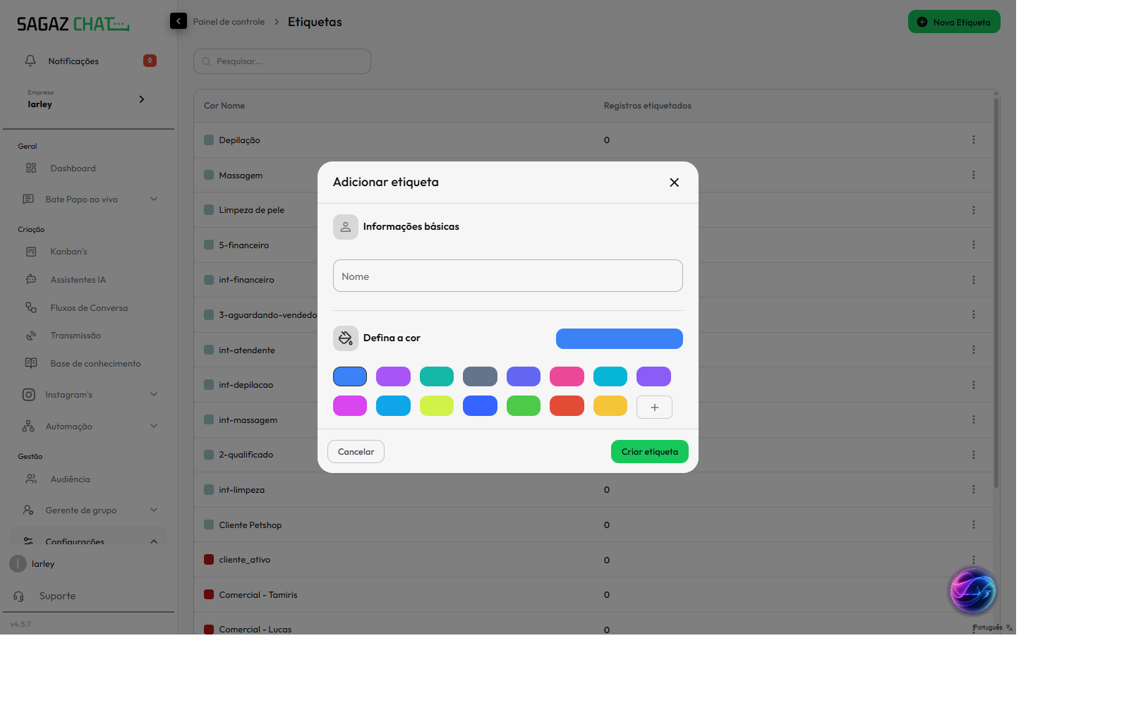 Modal Adicionar etiqueta
