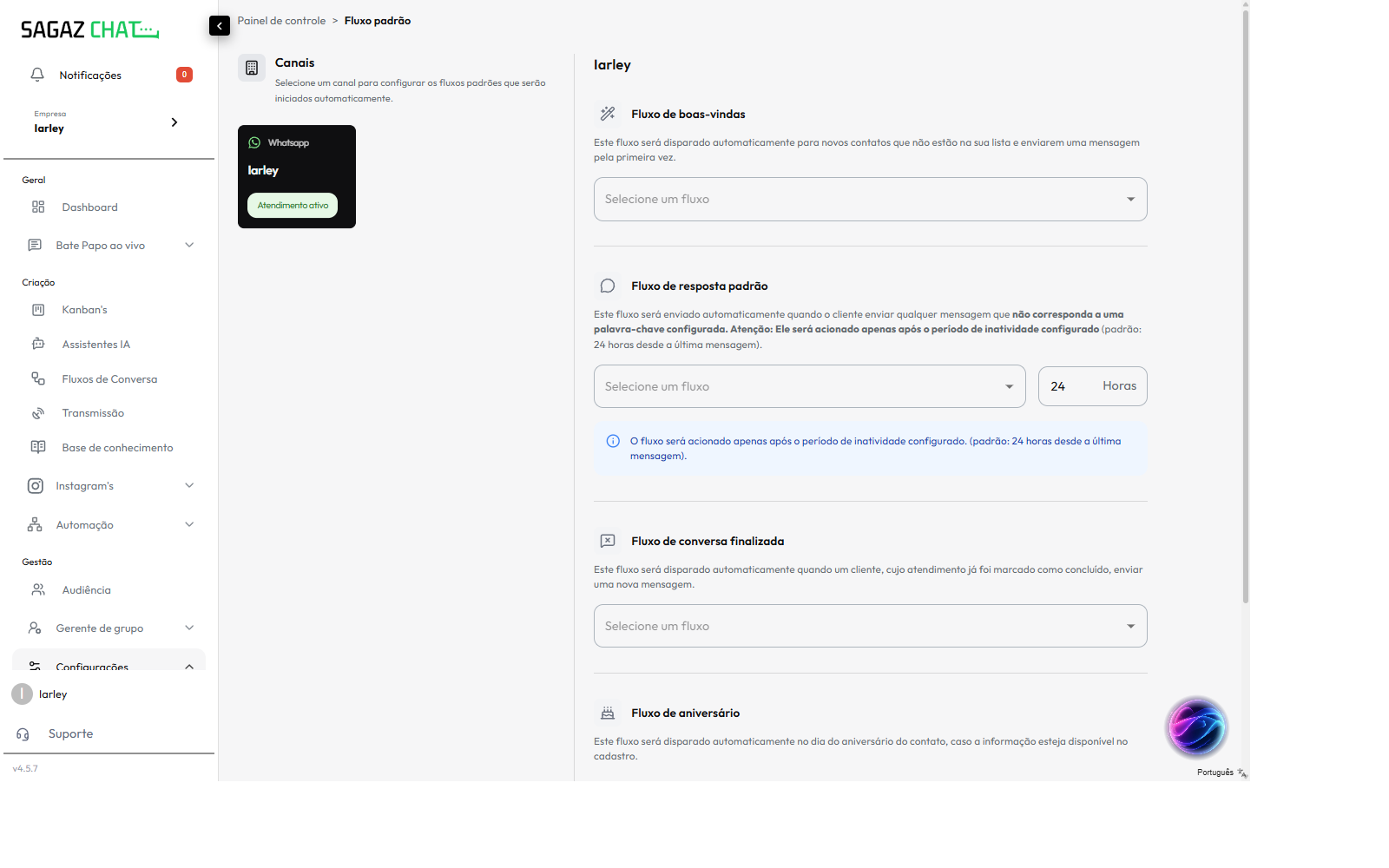 Configuracao do Fluxo padrao por canal, com os 4 disparadores