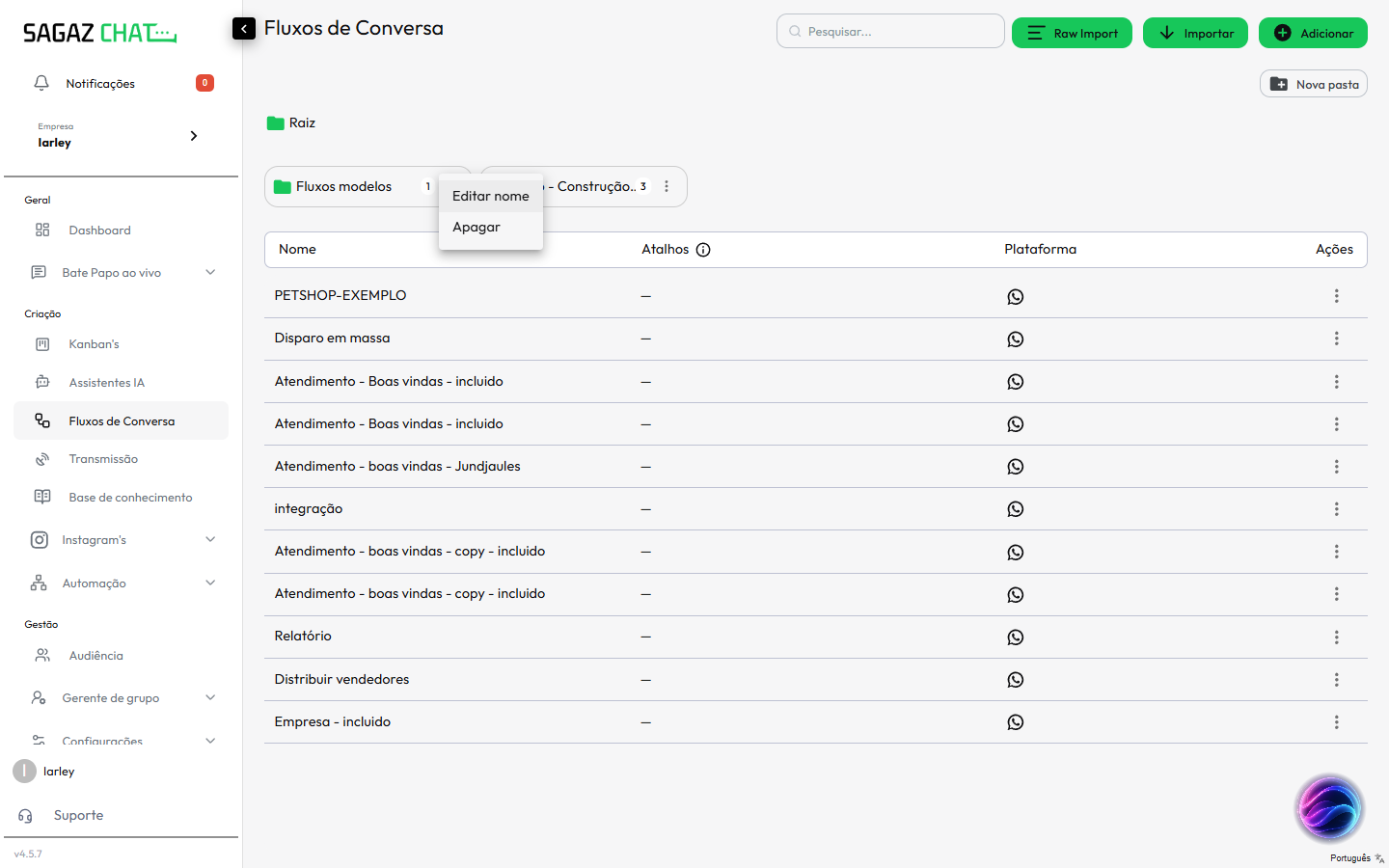 Menu de ações da pasta