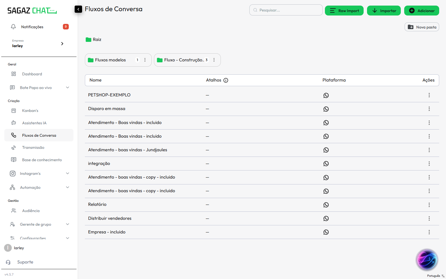 Lista de fluxos de conversa