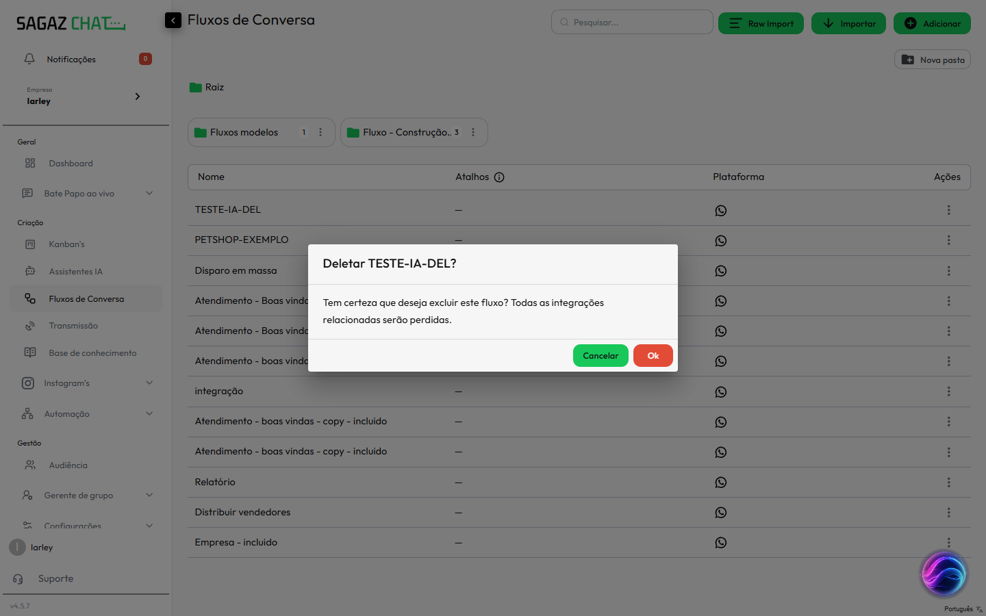 Modal de confirmação de exclusão