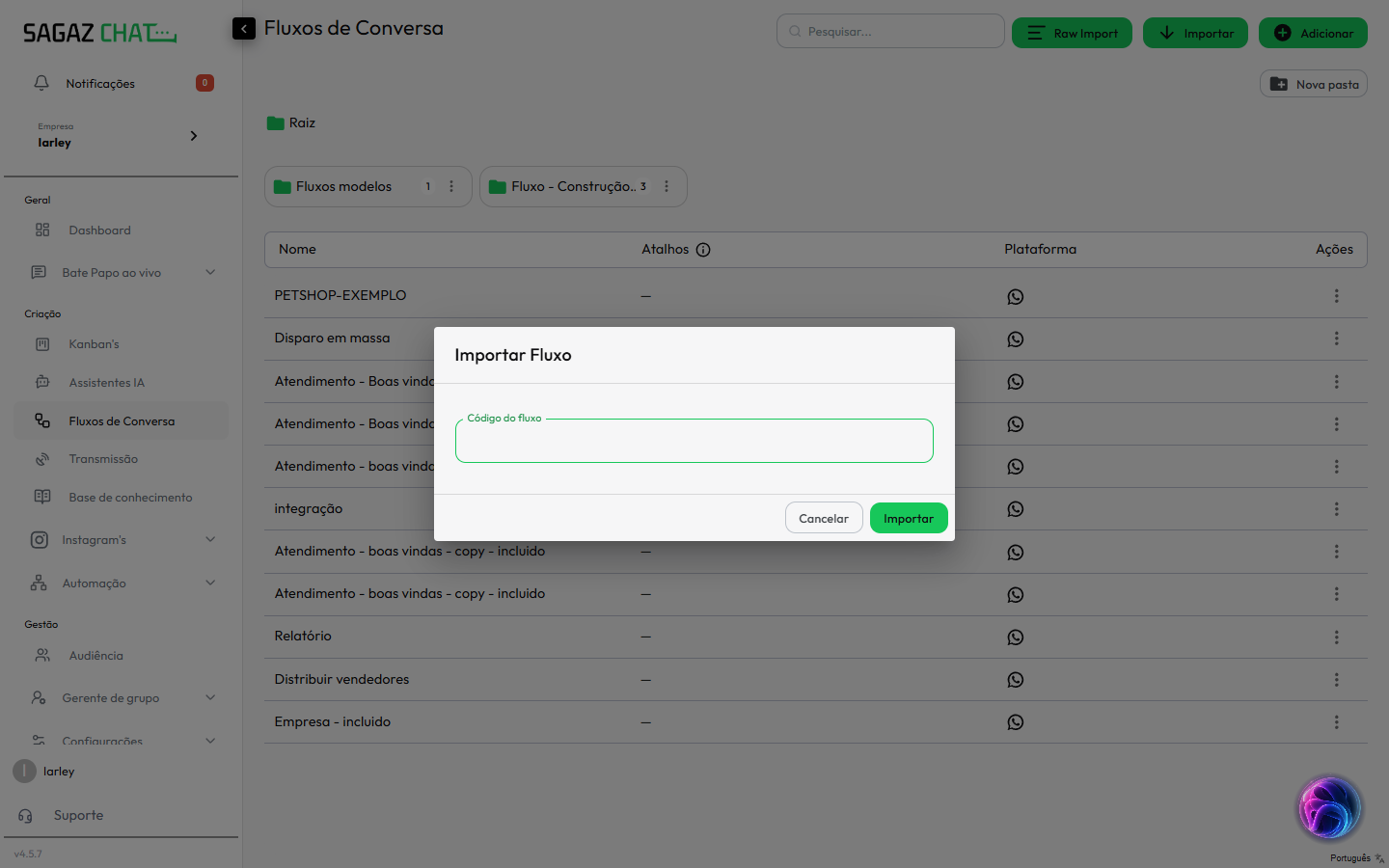 Modal Importar fluxo