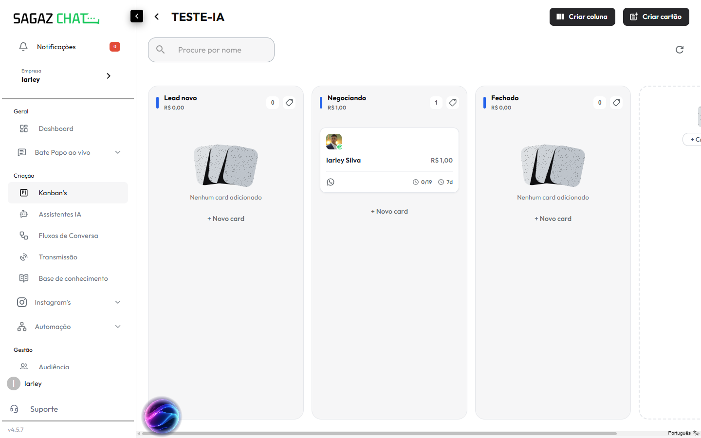 Kanban com cartão e valor preenchido