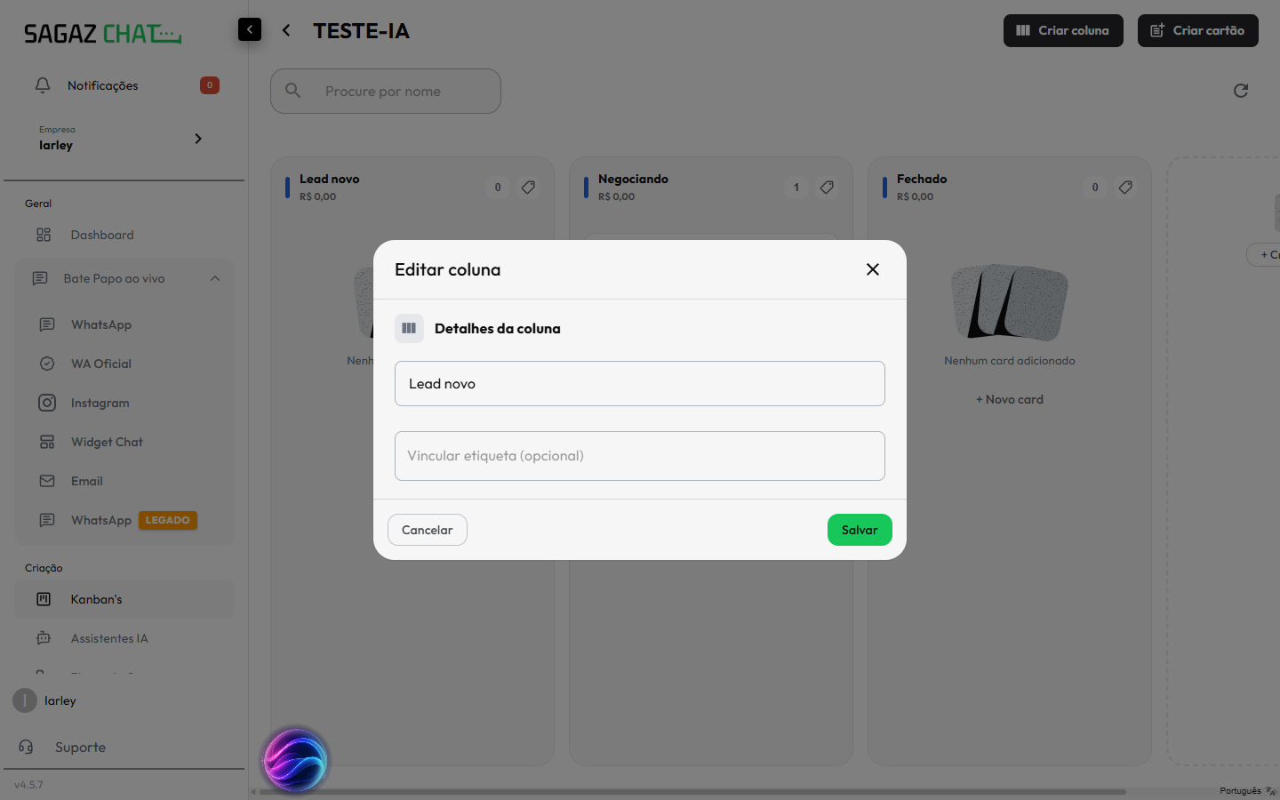Modal Editar coluna