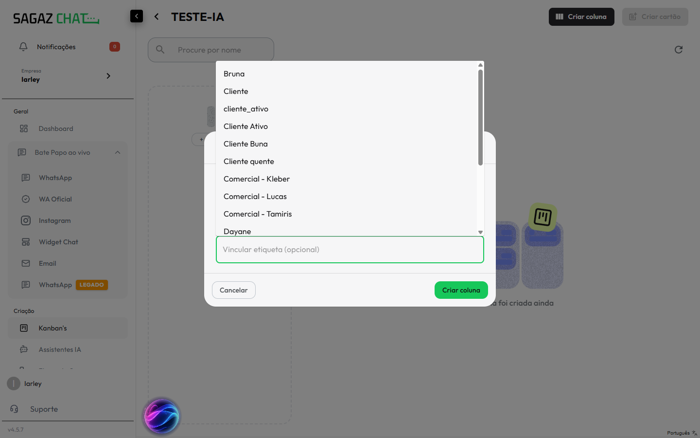 Lista de etiquetas no autocomplete da coluna