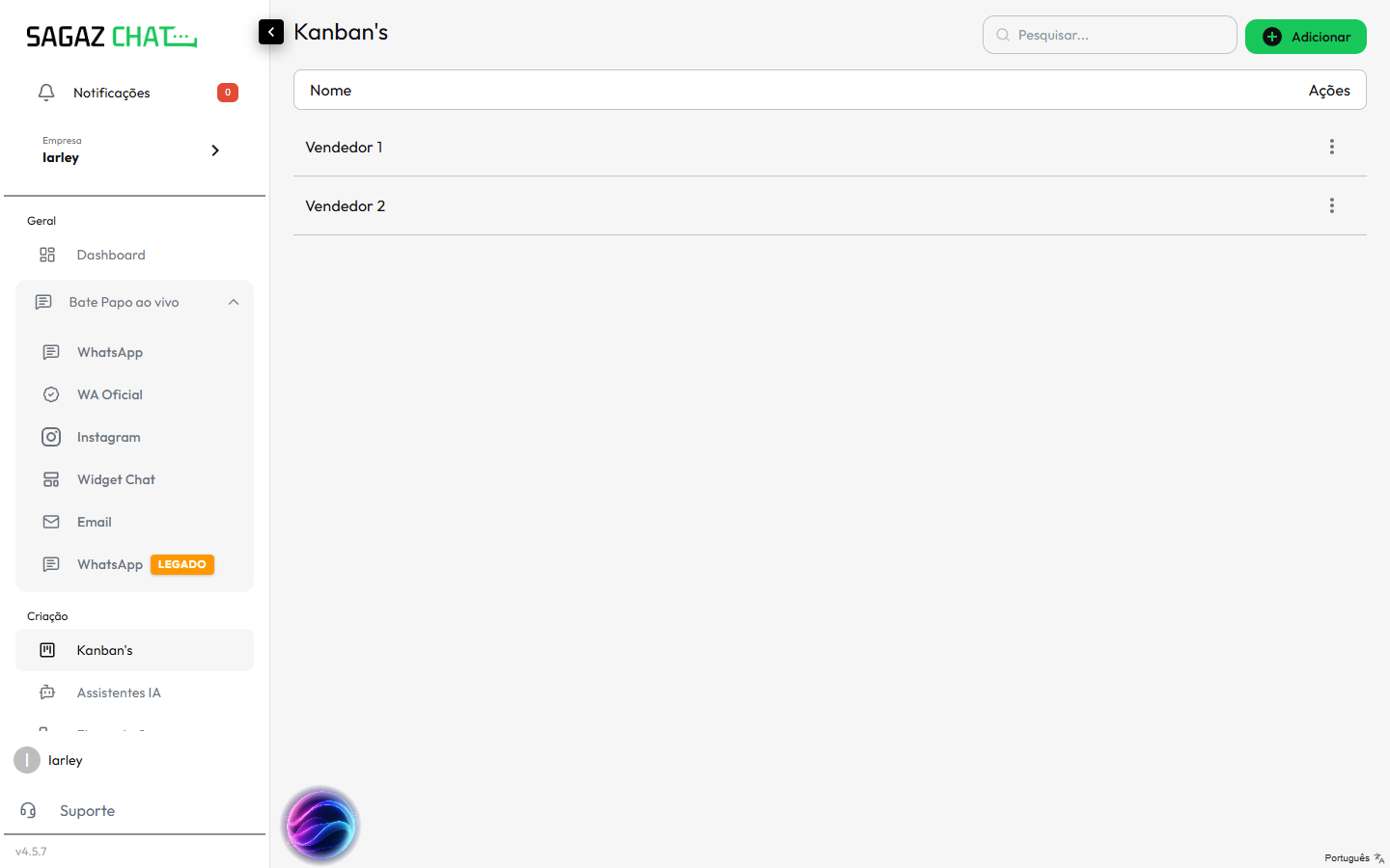 Lista de Kanbans cadastrados