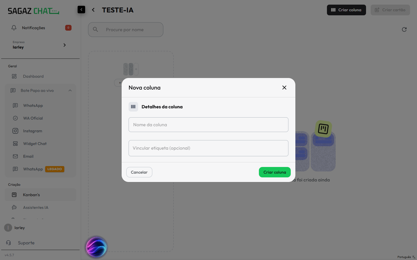 Modal Nova coluna
