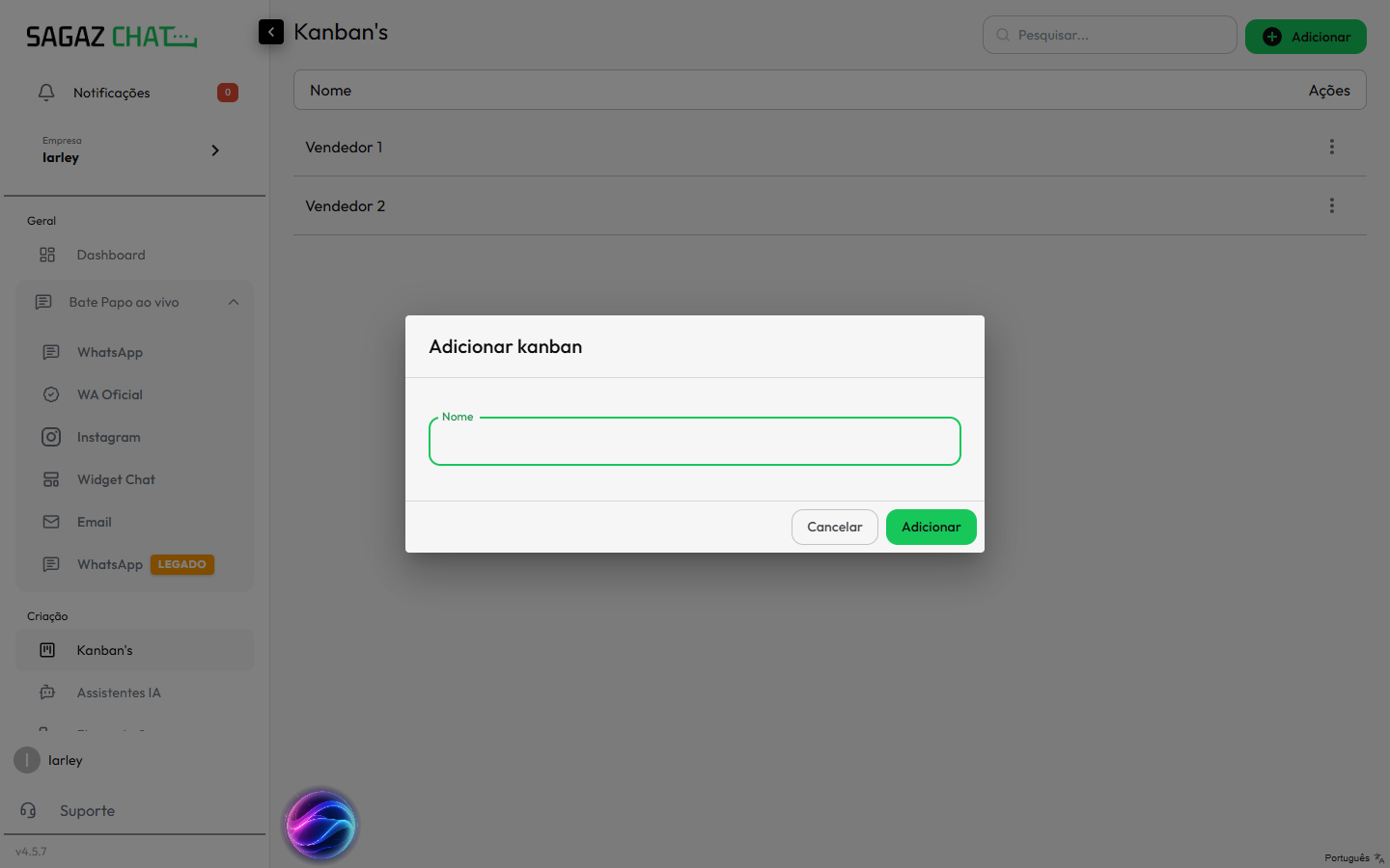 Modal de criação de Kanban