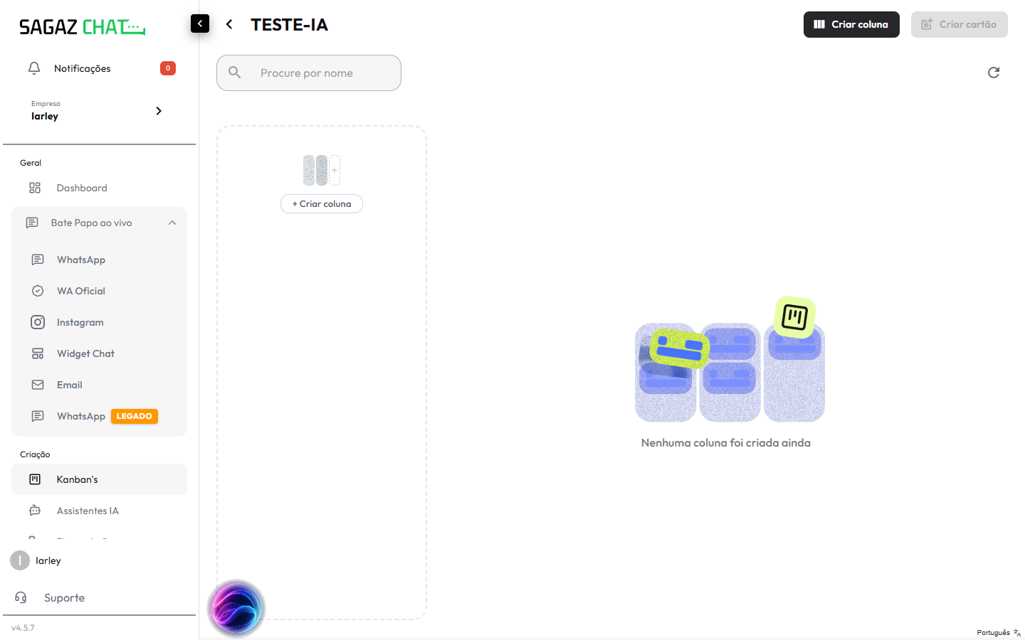 Kanban vazio com placeholder