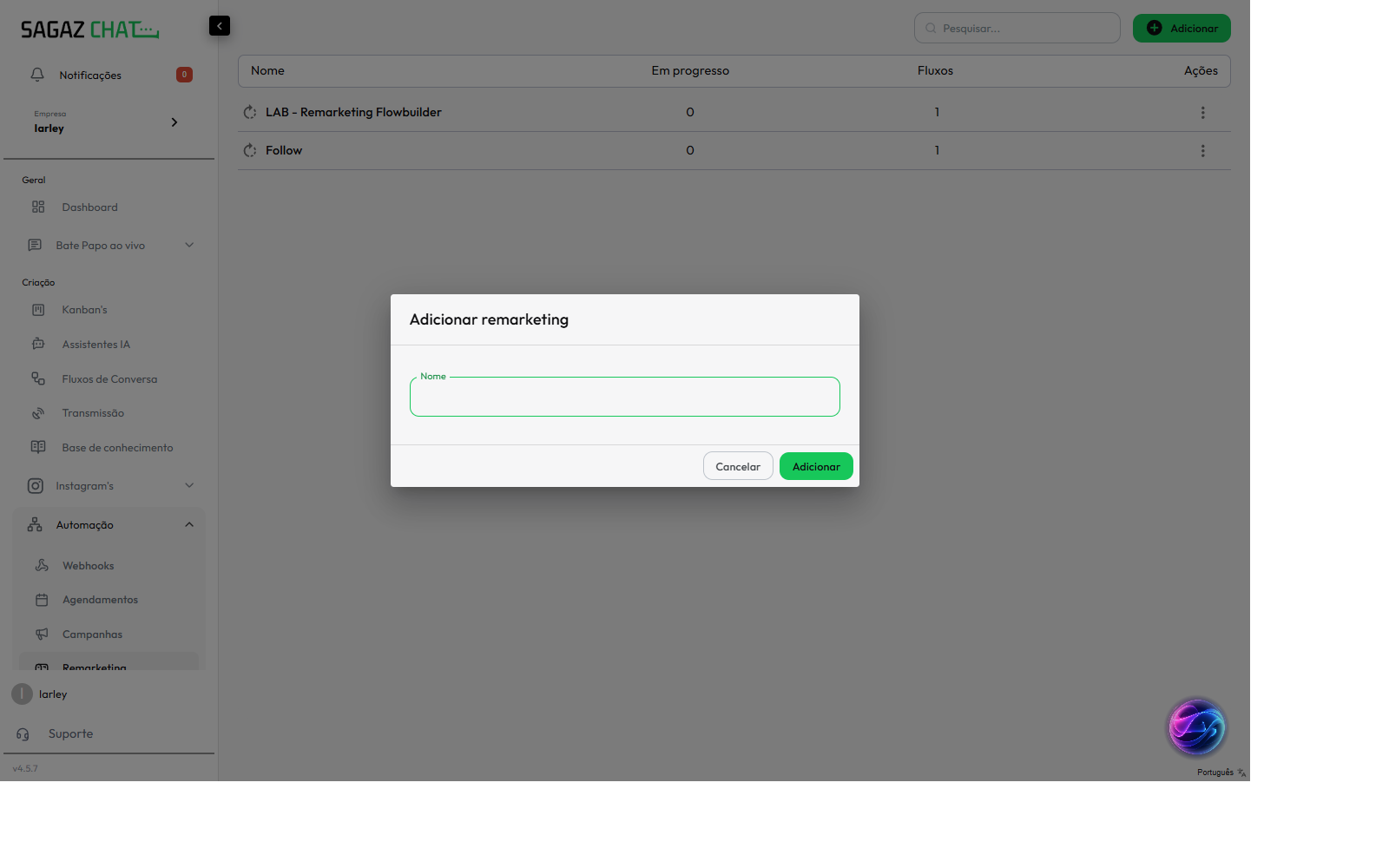 Modal Adicionar remarketing