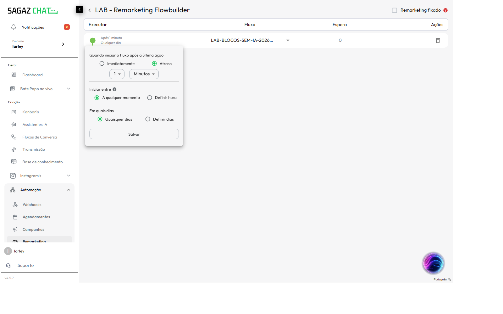 Popover Executar com opcoes de tempo