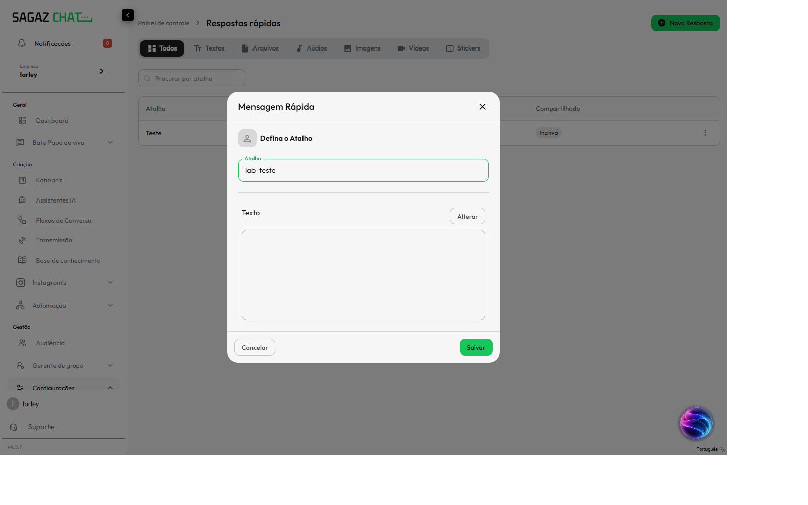 Modal com tipo Texto selecionado