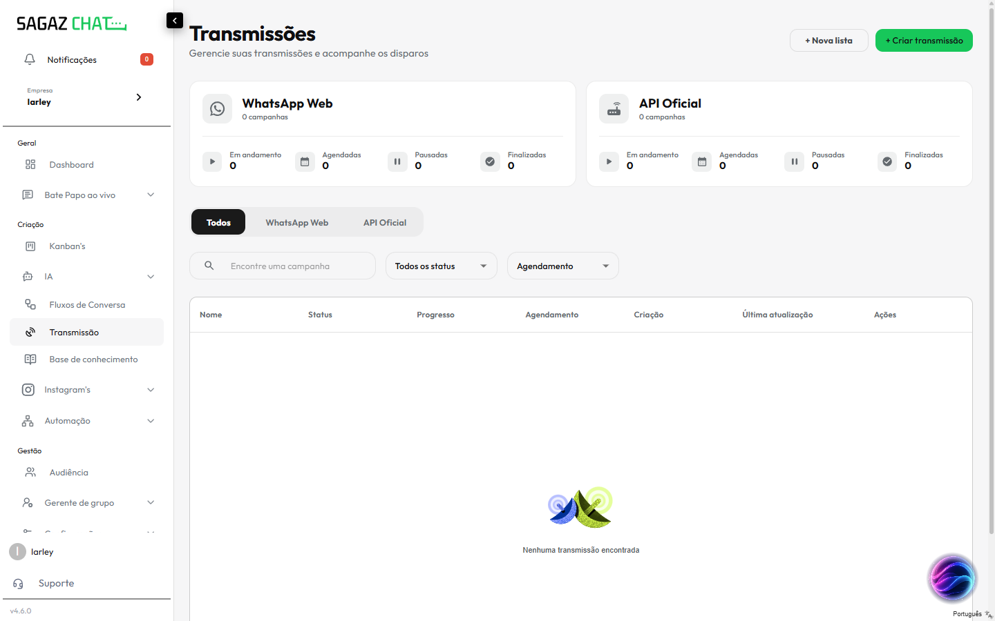 Tela de Transmissões com cards de status por canal (WhatsApp Web e API Oficial) e tabela de campanhas