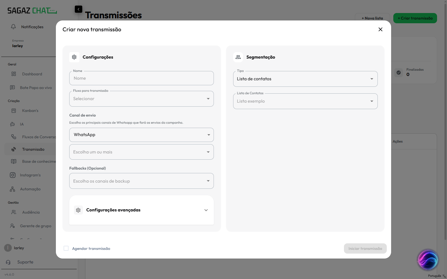 Modal Criar nova transmissão em duas colunas: Configurações e Segmentação