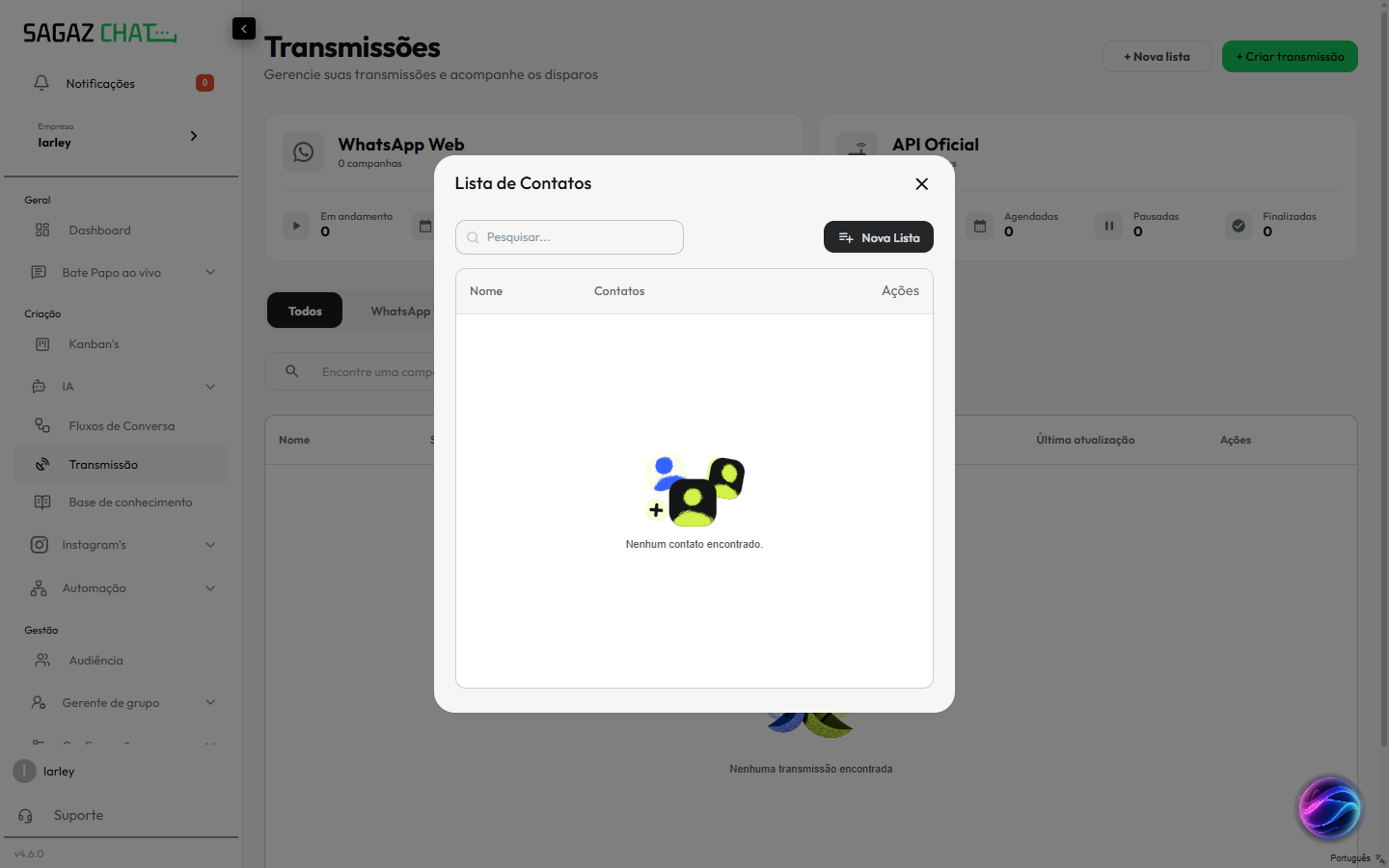 Modal Lista de Contatos pra gerenciar listas existentes ou criar uma nova