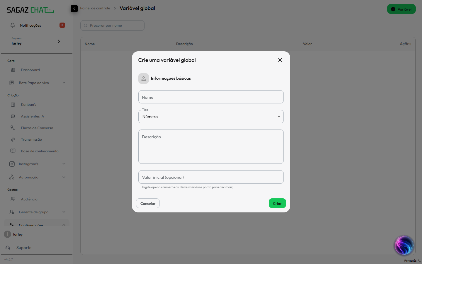 Modal Crie uma variável global