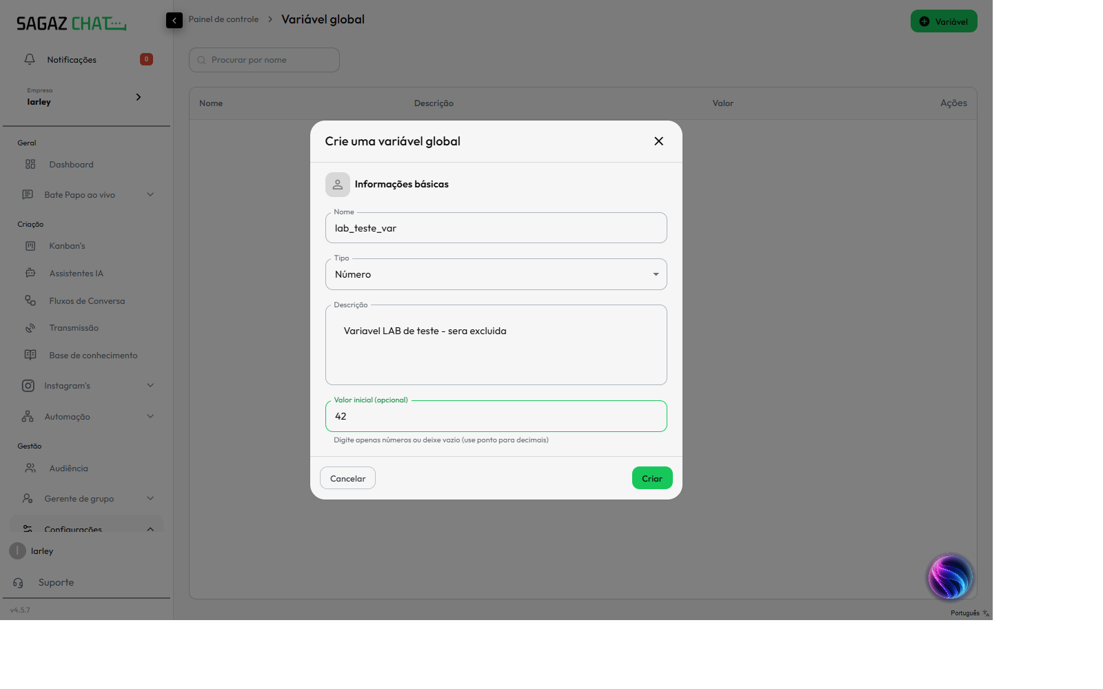 Modal preenchido
