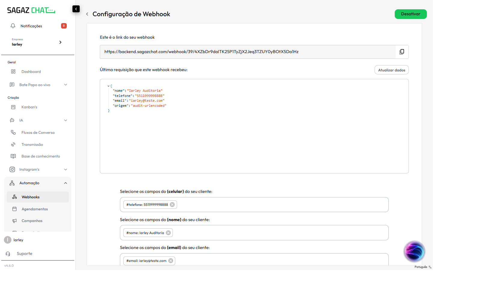 Webhook totalmente configurado: 3 mapeamentos, fluxo selecionado e WhatsApp escolhido