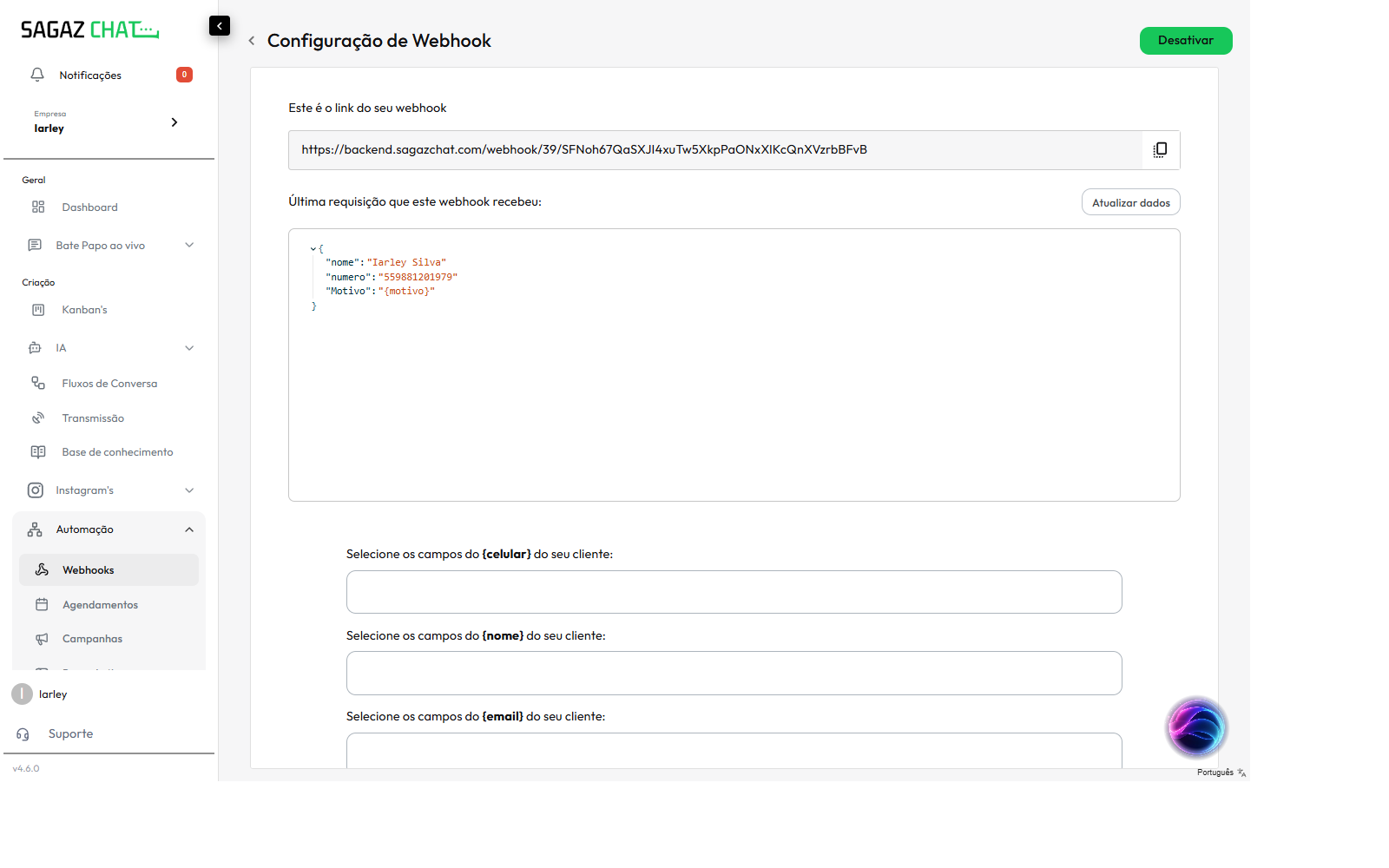 Tela de configuração do webhook com link, última requisição e campos pra mapear