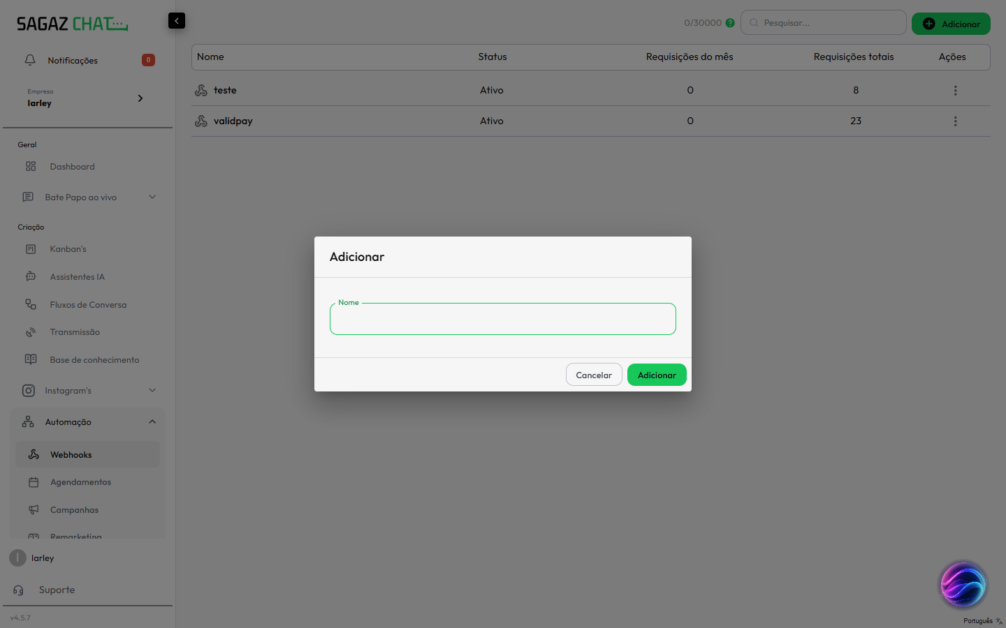 Modal Adicionar webhook — só pede o nome